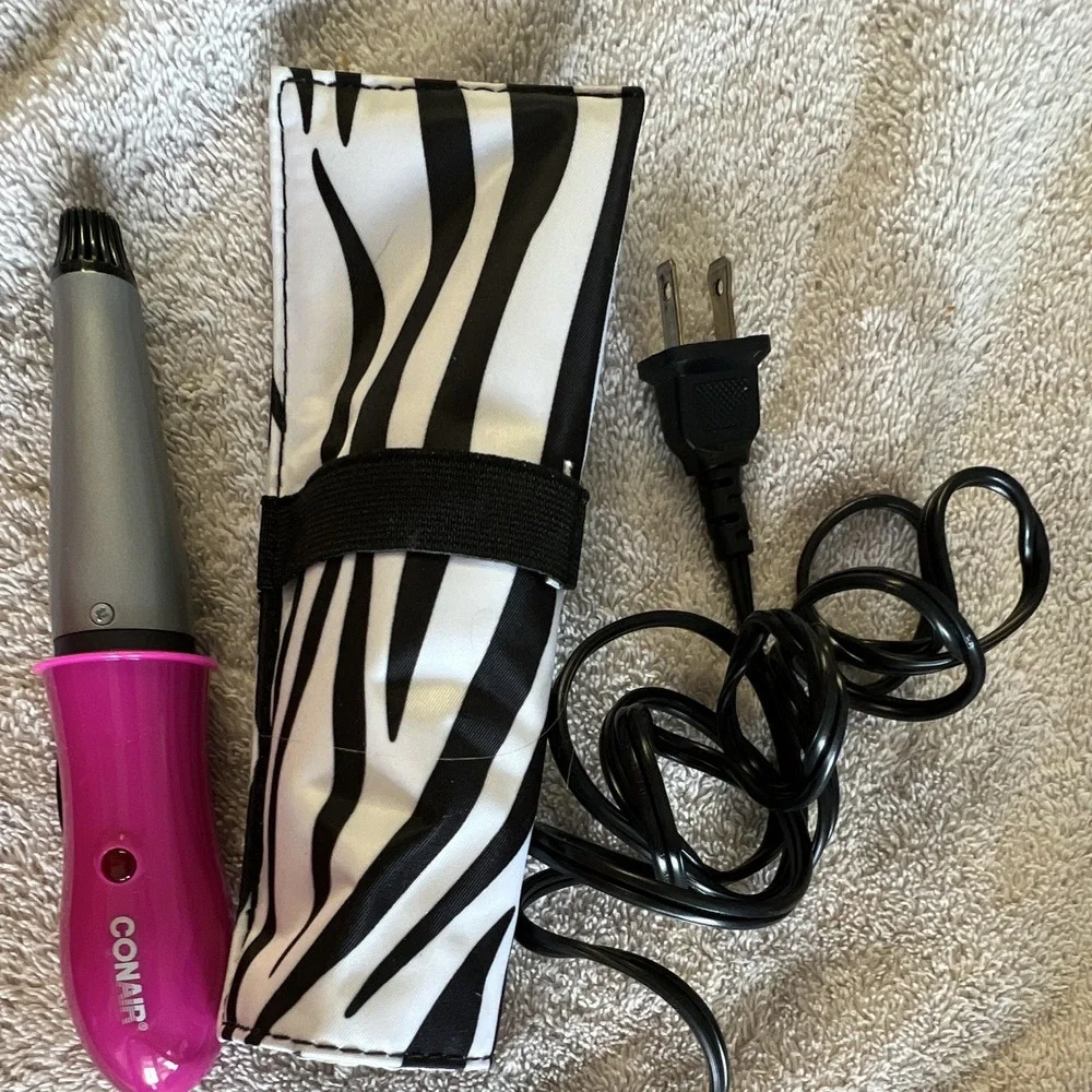 Conair Curling Iron/Wand Electric w/ Attachments, Zebra Travel Pouch Pink